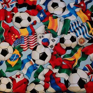 Colorful Soccer Balls and Flags Fabric - 1 Yard + 13" by 45" Wide